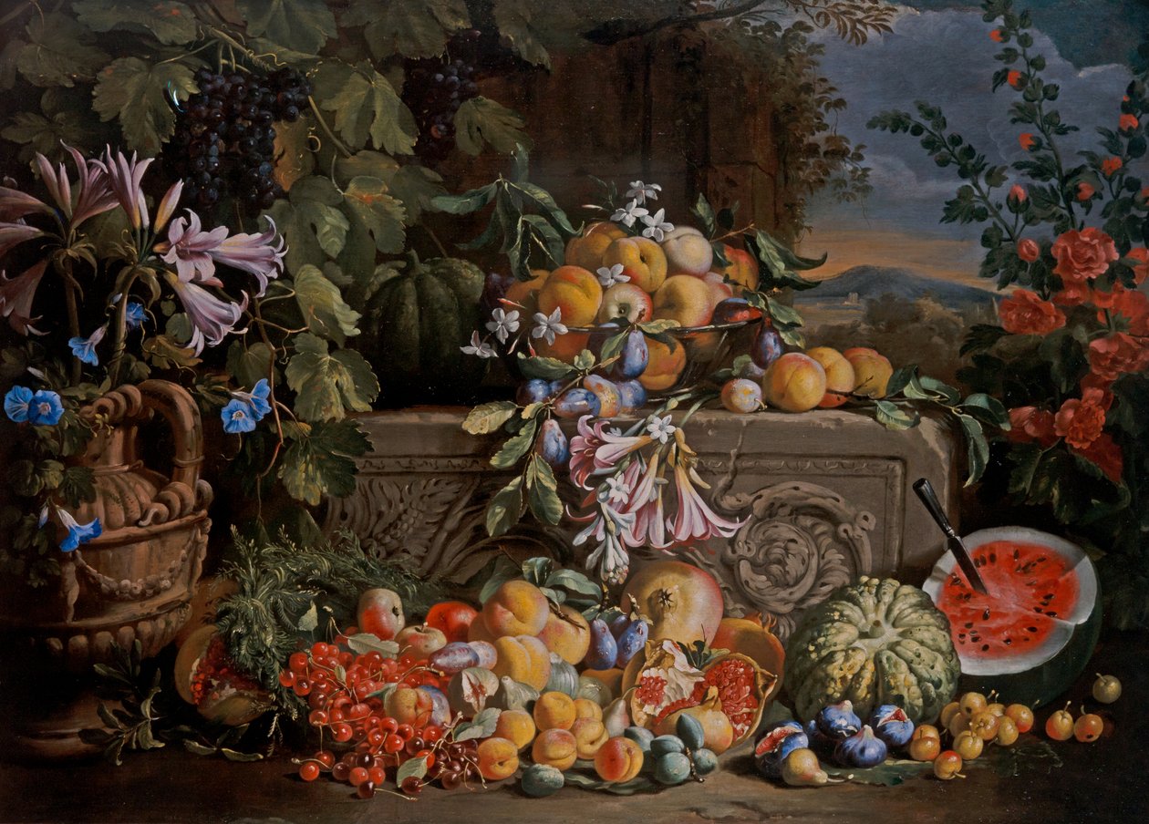 Zátiší s třešněmi, melounem, broskvemi, meruňkami, švestkami, granátovými jablky a figurkami od Abraham Brueghel