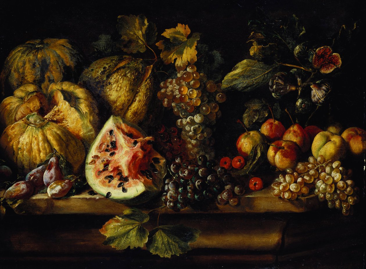 Zátiší z vodního melounu, hroznů, švestek, broskví, třešní a dalšího ovoce na římse od Abraham Brueghel