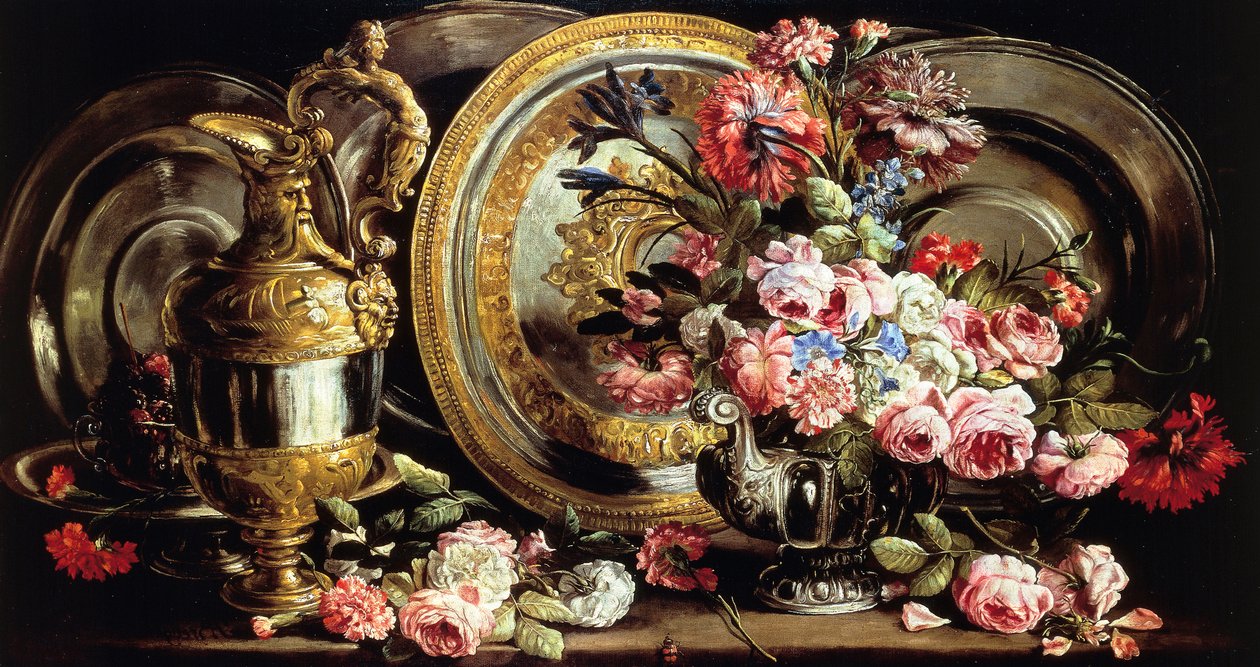 Zátiší se stříbrem a květinami, Abraham Brueghel (1631-1697), olej na panelu od Abraham Brueghel