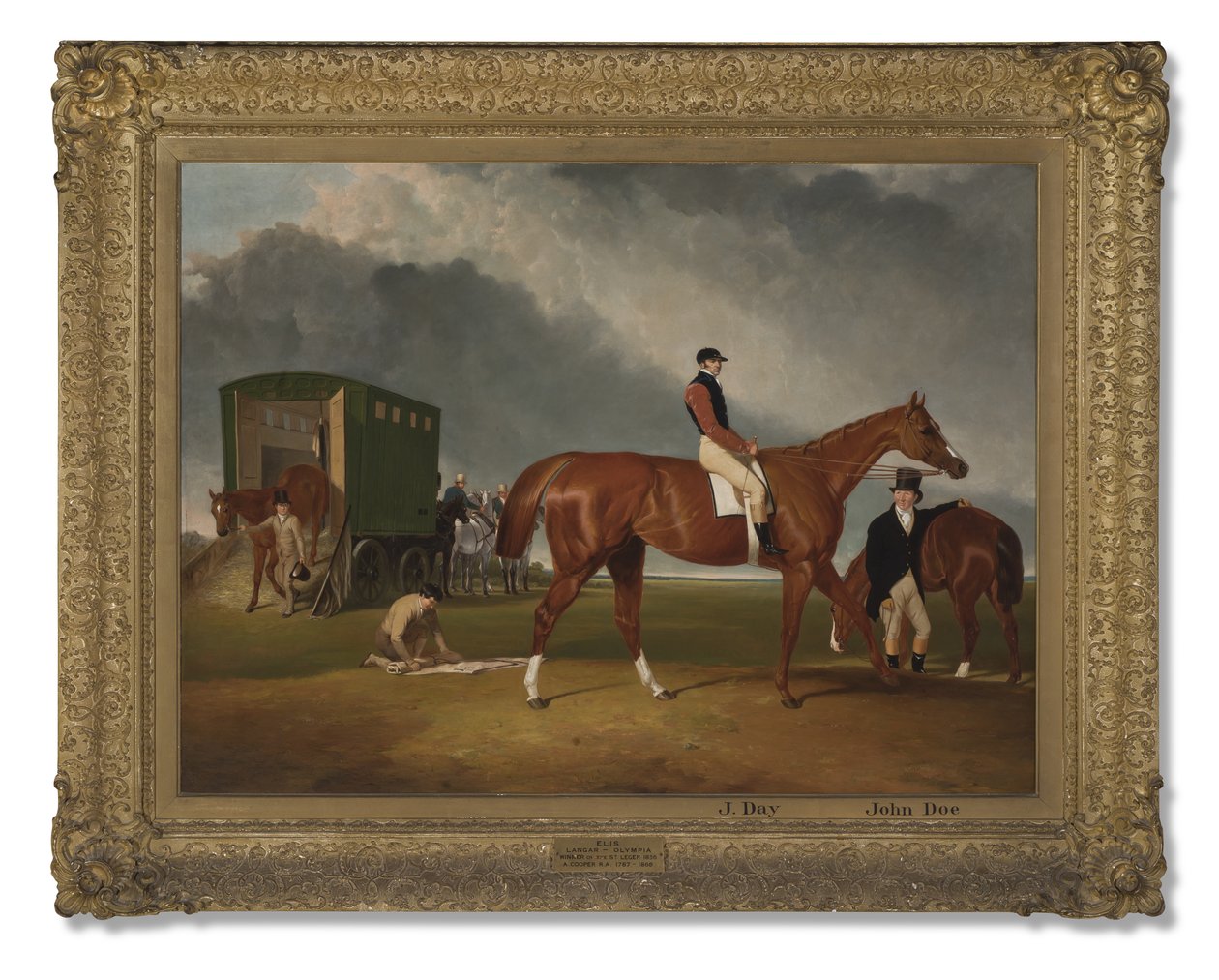Portrét lorda George Bentincks Horse Elis s jezdcem Johnem Dayem a trenérem Johnem Doem, Doncaster, 1836 od Abraham Cooper