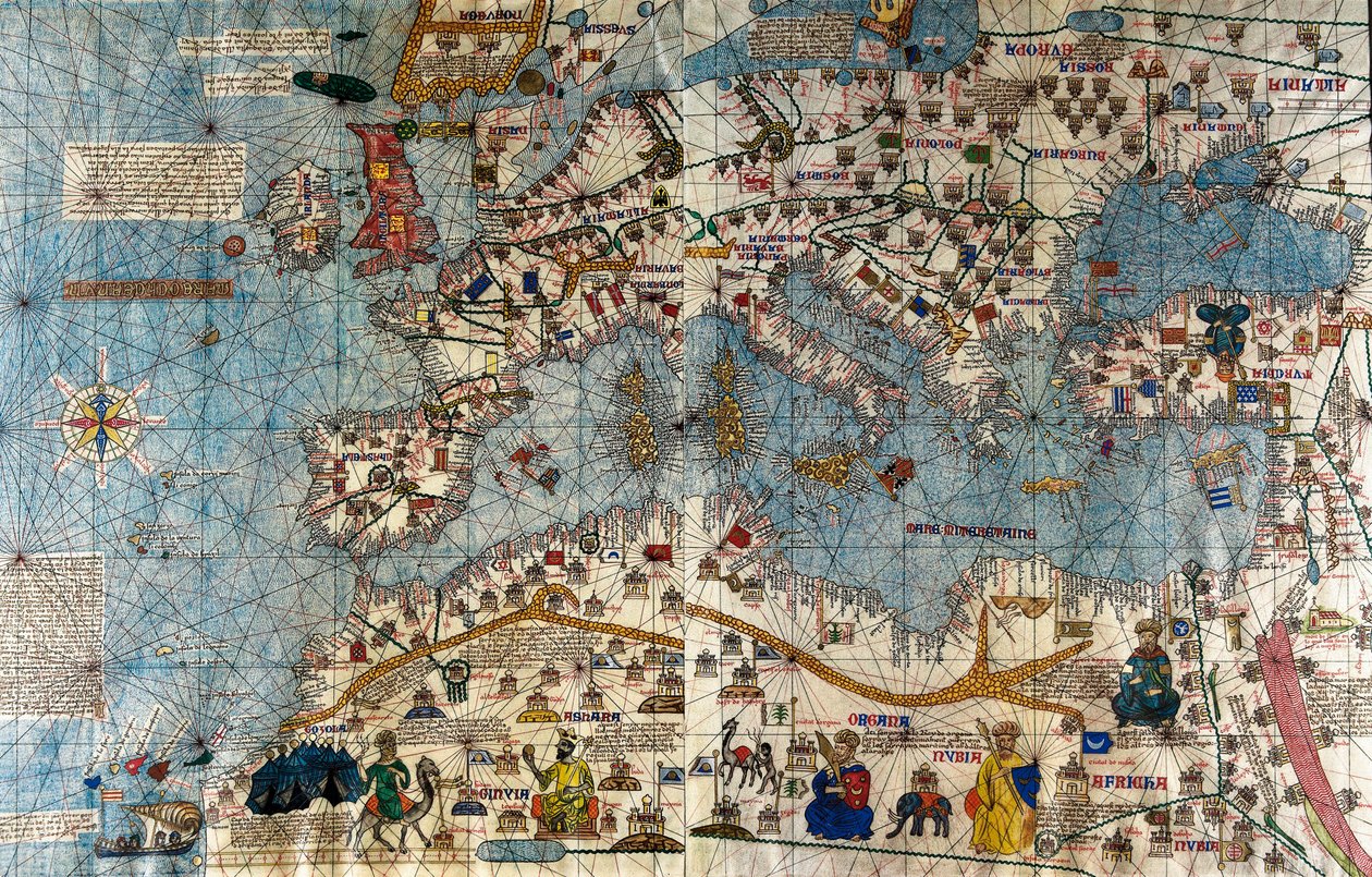 Katalánská mapa evropského kontinentu s Atlantikem a Středozemním mořem od Abraham and Cresques Jehuda Cresques