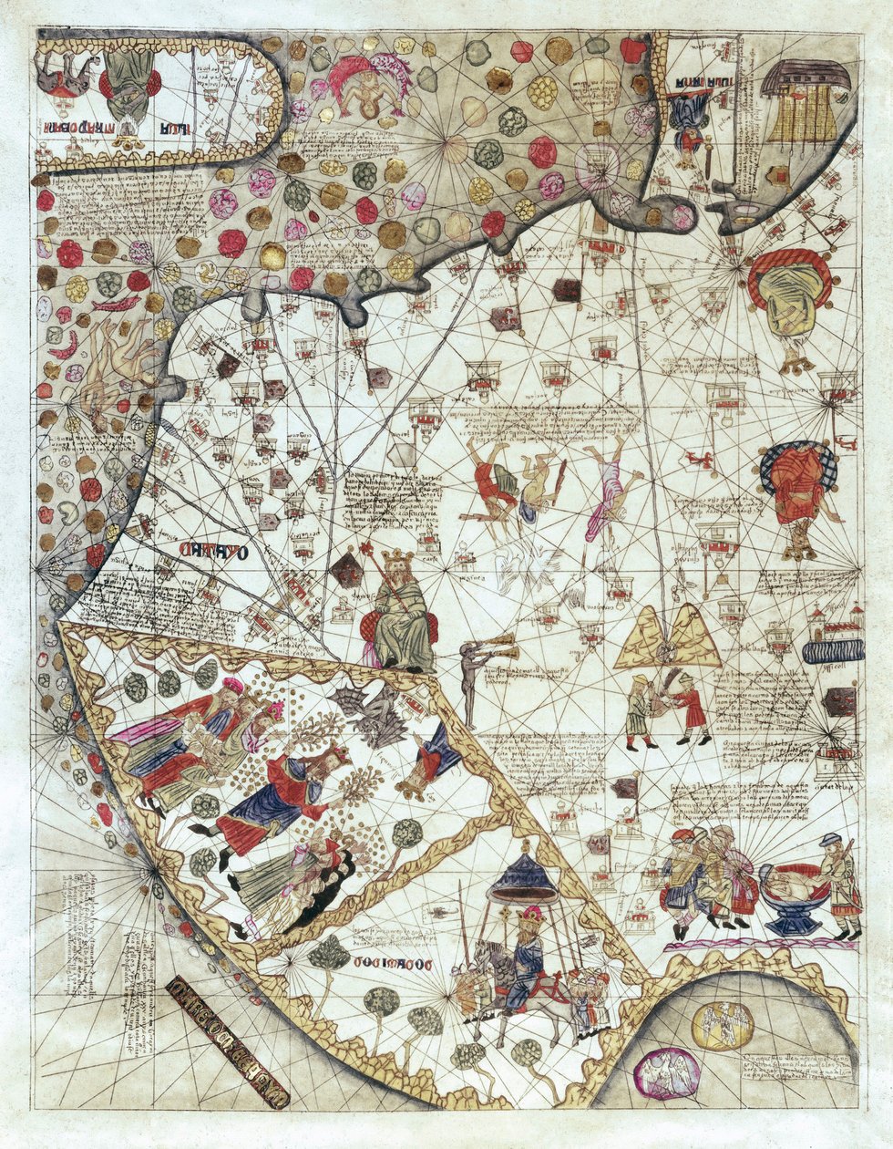Mapa Číny (Cathay), s popisy malých scén, vymezení království se svým panovníkem zastoupeným pokaždé od Abraham and Cresques Jehuda Cresques