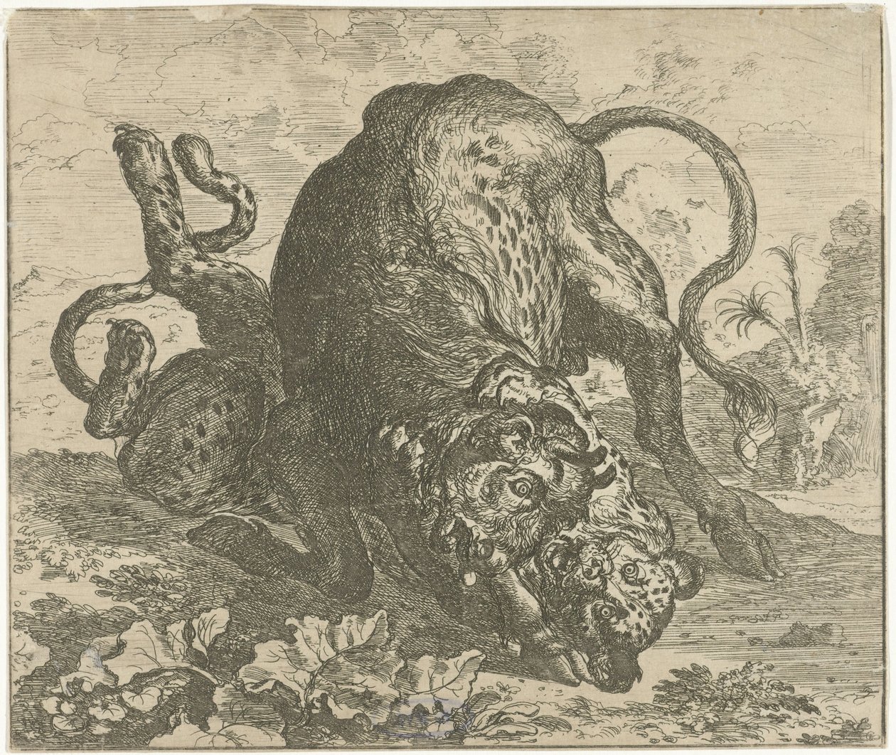 Leopard a býk Různá zvířata (název série) od Abraham Danielsz. Hondius