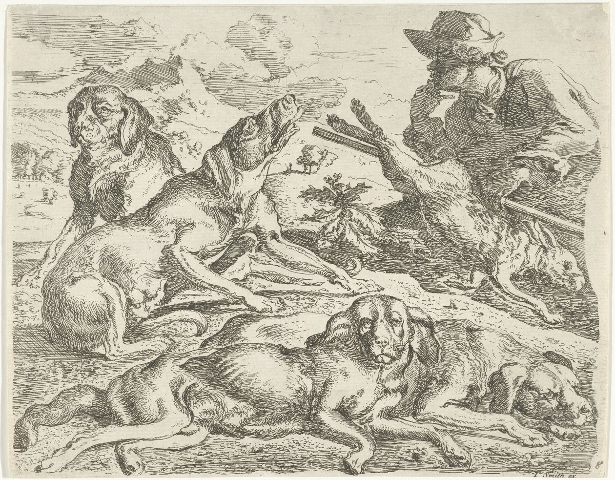 Čtyři psi, myslivec a zajíc od Abraham Danielsz. Hondius
