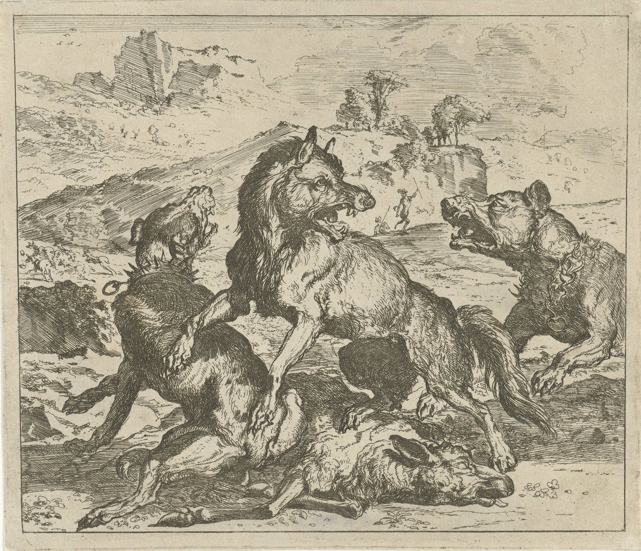 Vlk napaden psy Různá zvířata (název série) od Abraham Danielsz. Hondius