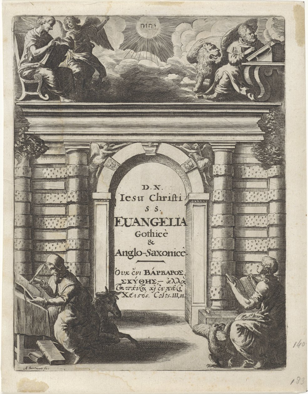 Čtyři evangelisté kolem brány Titulní strana pro: Junius, Franciscus a Marshall, Thomas. Quatuor D.N. Jesus Christi S.S. Evangelia Gothicè & Anglo-Saxonicè, 1665 od Abraham Dircksz. Santvoort