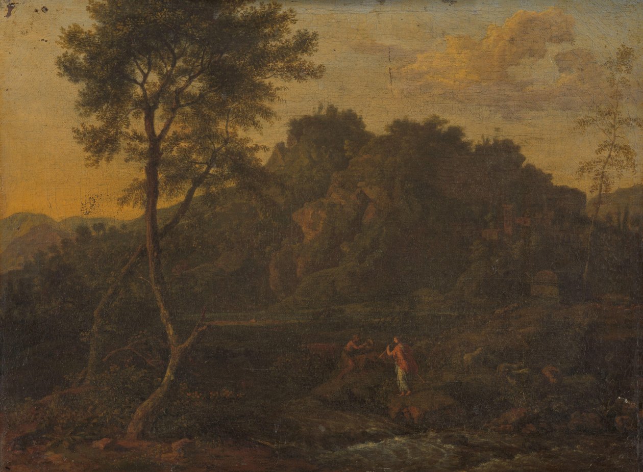 Nymfa a ovčák dělají hudbu v krajině od Abraham Genoels (attributed to)