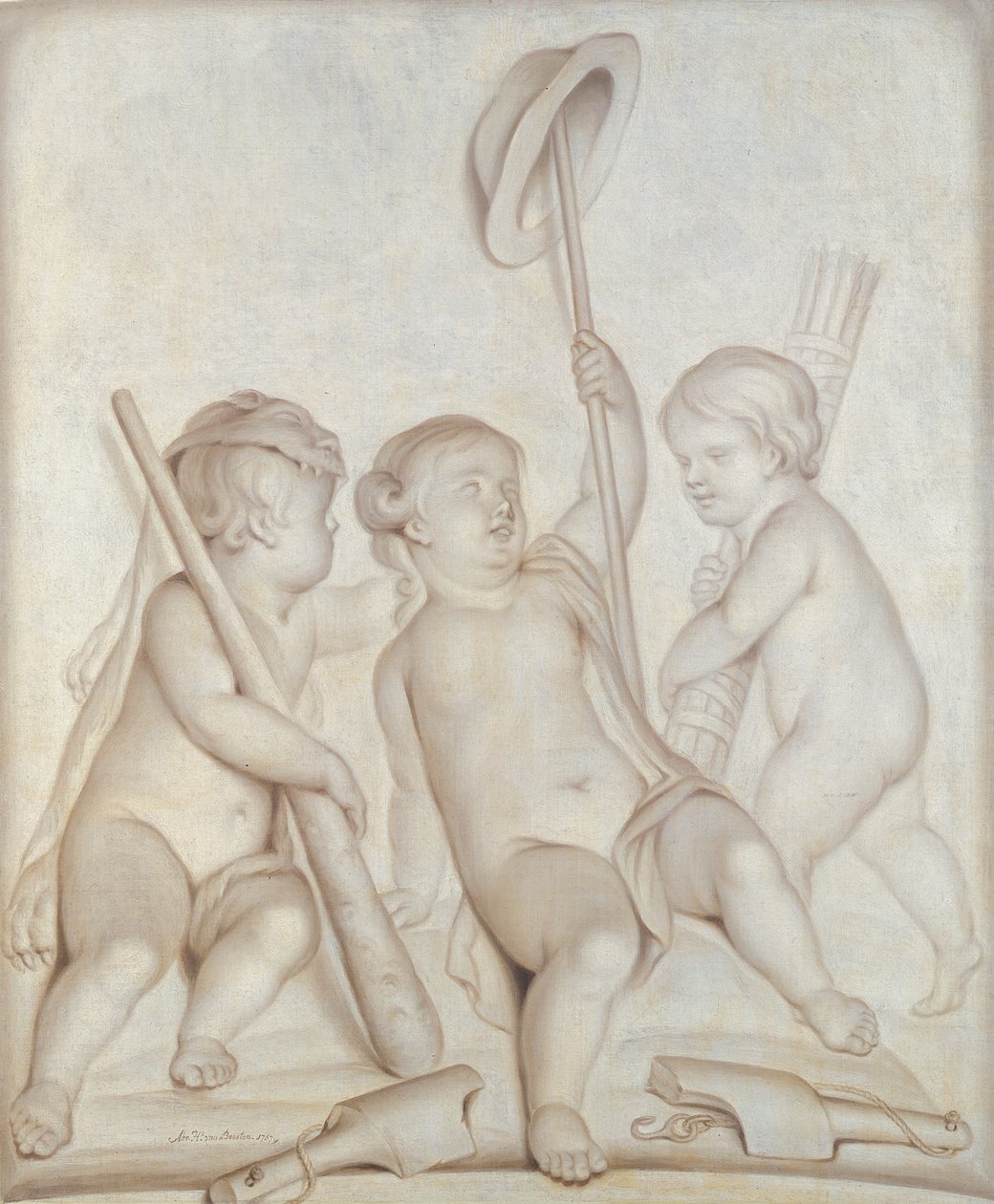 Tři cherubové (grisaille), Putti s atributy Herkula a Merkura, 1767 od Abraham Hendrick van Beesten