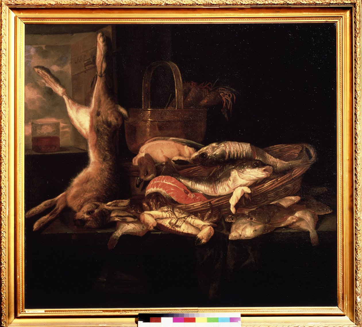 "Zátiší s rybami a mrtvým zajícem" obraz Abrahama Hendricksze van Beyerena (1620/21-1690) (ek. holl.) Puškinovo muzeum ze 17. století, Moskva od Abraham Hendricksz van Beyeren