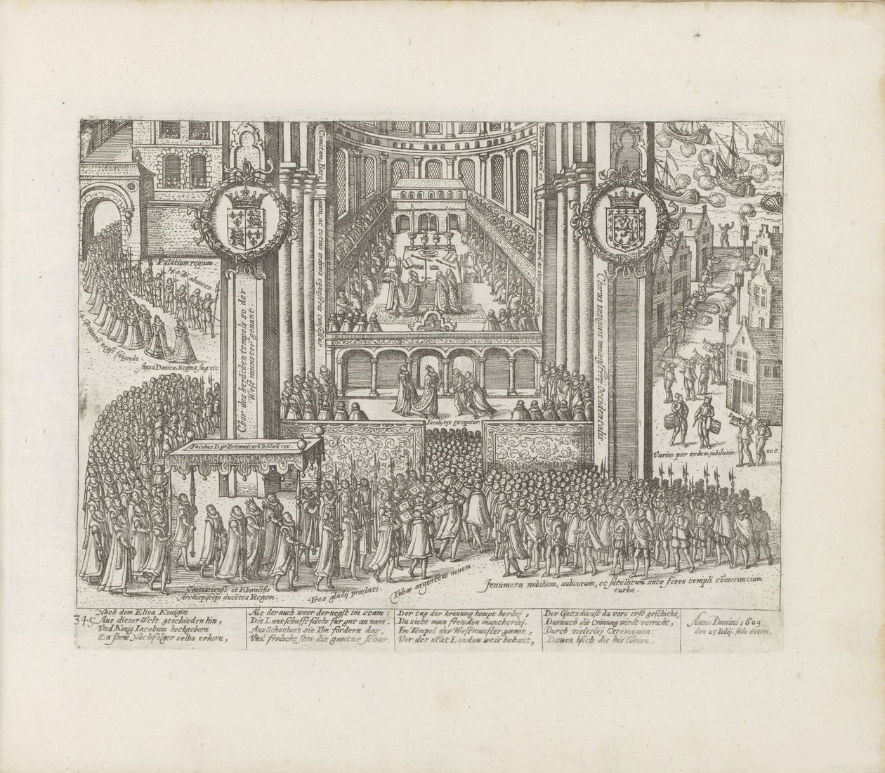 Pohled na exteriér Westminsterského opatství během korunovace Jakuba I., 1603-1604. od Abraham Hogenberg