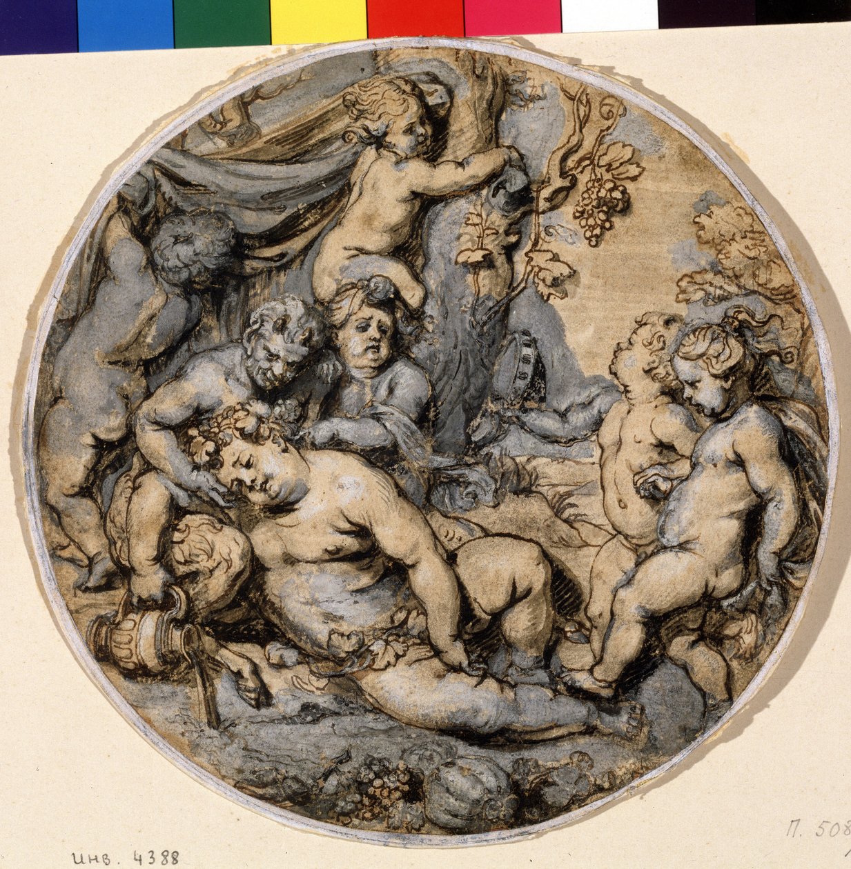 ""Bacchus endormi"" (Spící Bakchus) Obklopují ho putti, satyr Kresba tuší od Abrahama Jansze van Diepenbeecka (1596-1675) Puškinovo muzeum ze 17. století, Moskva od Abraham Jansz. van Diepenbeeck