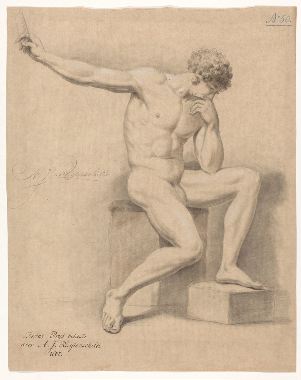 Sedící mužský akt, pohled zepředu (3. cena 1805) od Abraham Johannes Ruytenschildt
