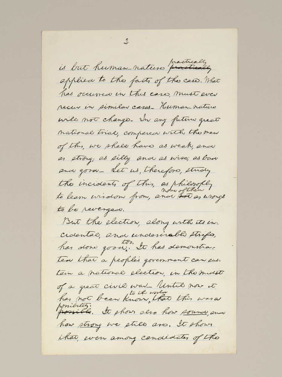 Rukopis podpisu Lincolnovy volební vítězné řeči jako prezidenta, pronesené ve Washingtonu D.C. z okna Bílého domu večer 10. listopadu od Abraham Lincoln