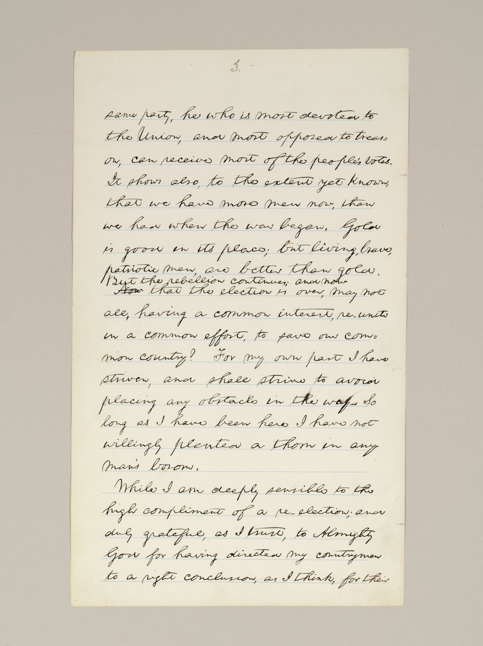 Rukopis podpisu Lincolnovy volební vítězné řeči jako prezidenta, pronesené ve Washingtonu D.C. z okna Bílého domu večer 10. listopadu od Abraham Lincoln