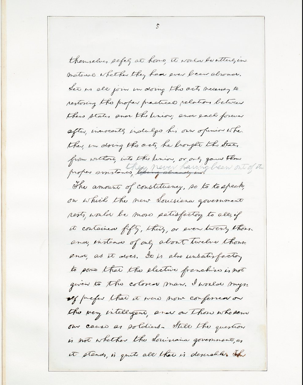 Rukopis podpisu Lincolnova posledního projevu jako prezidenta, doručený ve Washingtonu, D. C., z okna Bílého domu večer 11. dubna od Abraham Lincoln