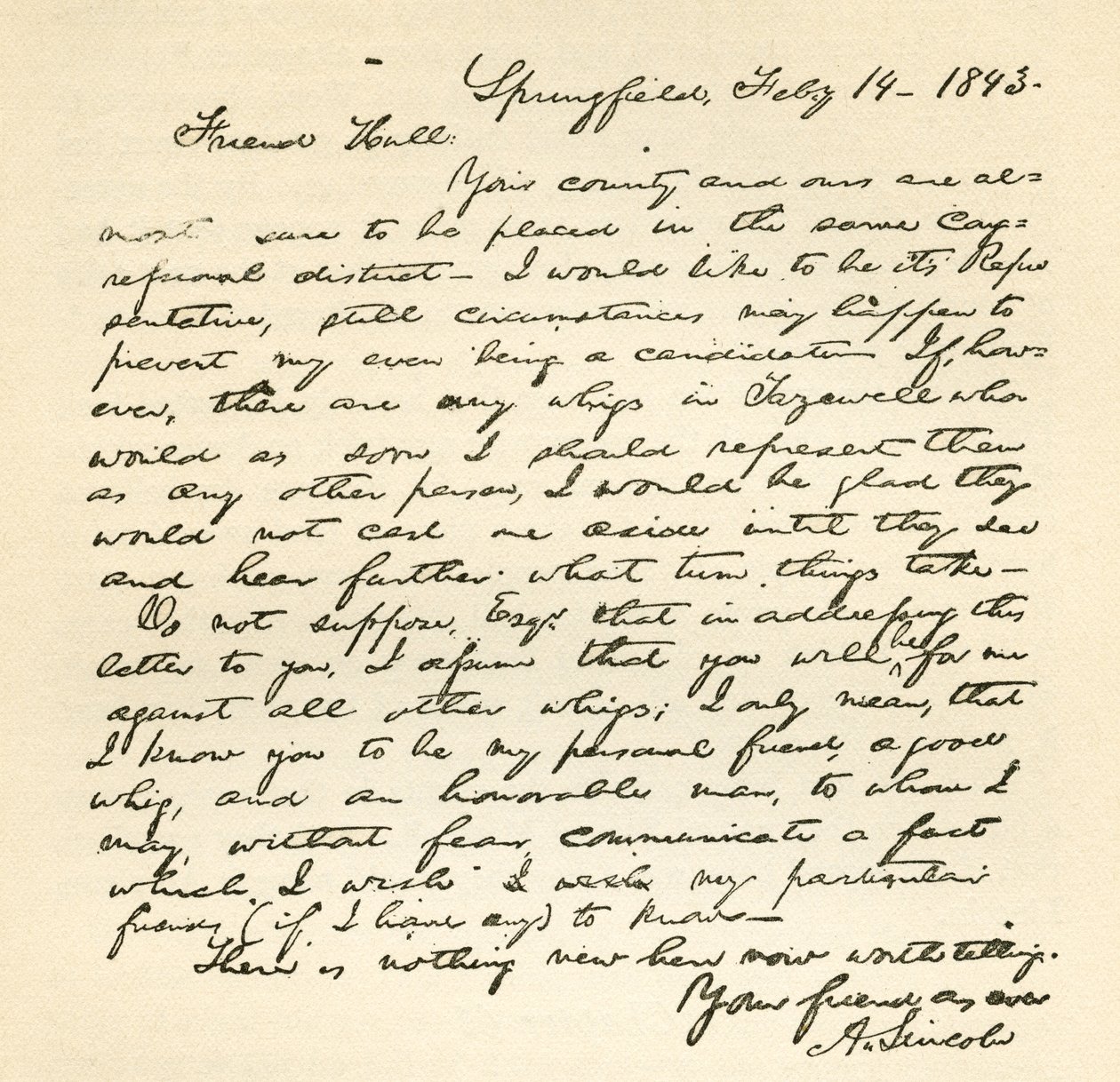 Dopis Abrahama Lincolna Alden Hall ze 14. února 1843 od Abraham Lincoln