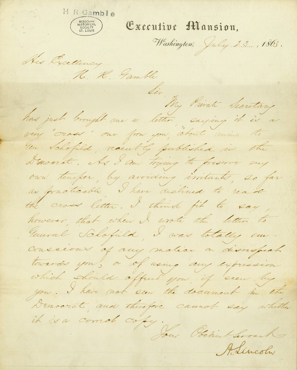 Dopis podepsaný A. Lincolnovi, Executive Mansion, Washington, Jeho Excelenci, HR Gamble, 23. července 1863 od Abraham Lincoln