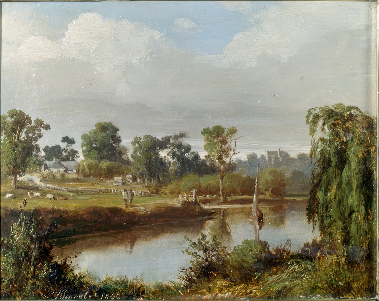 Řeka s plachetnicí (Australský venkov, oblast Melbourne) od Abraham Louis Buvelot