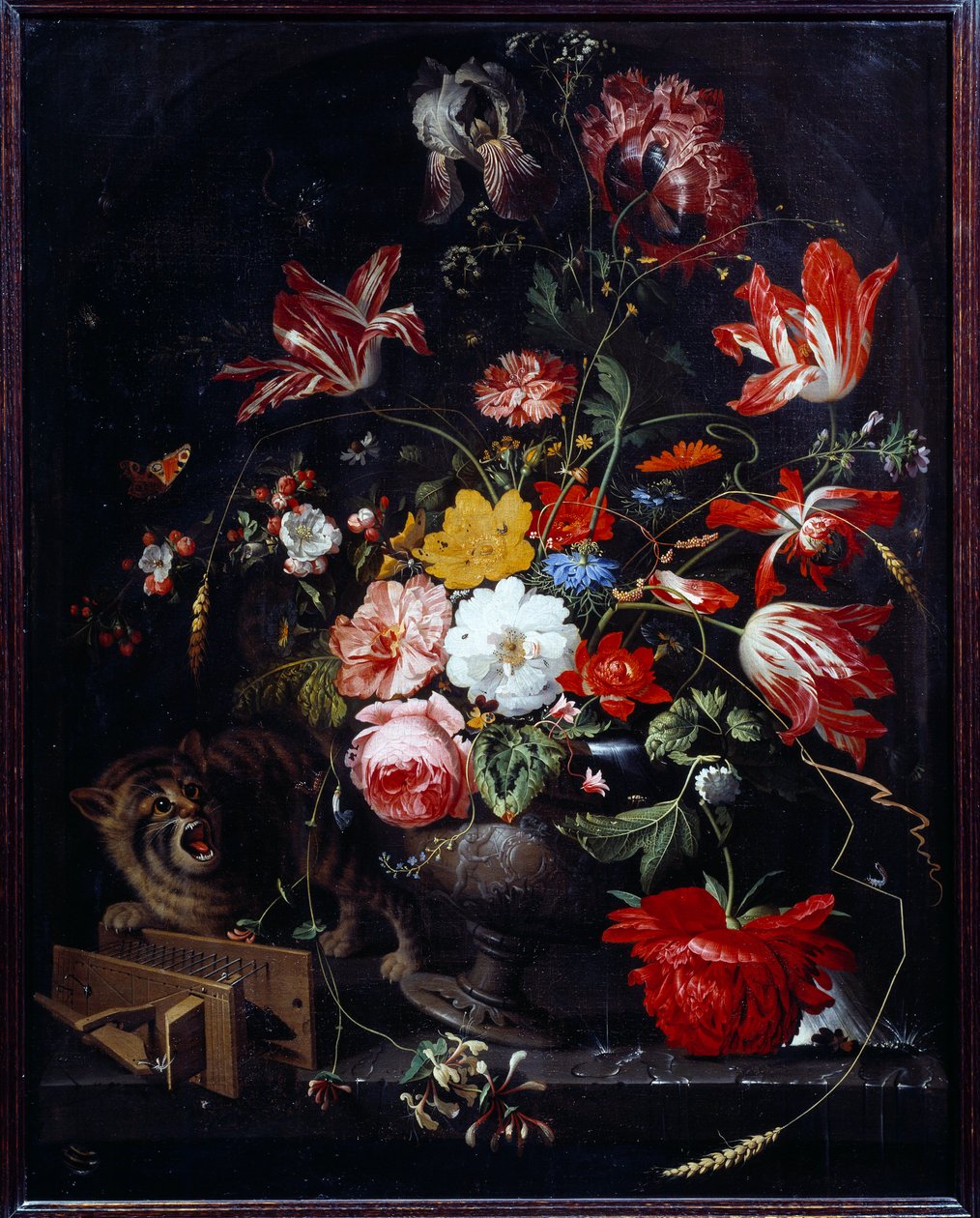 Kočka sráží vázu s květinami. Obraz Abrahama Mignona (1640-1679) ec. Všechno od Abraham Mignon