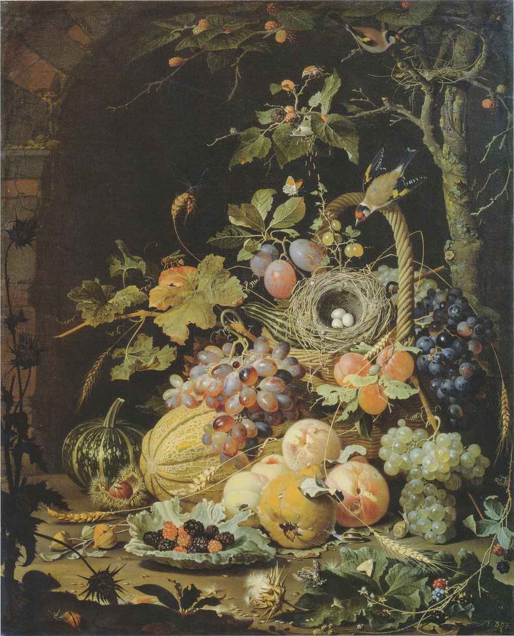 Německy: Ein Vogelnest im Fruchtkorb Ptačí hnízdo v košíku na ovoce od Abraham Mignon