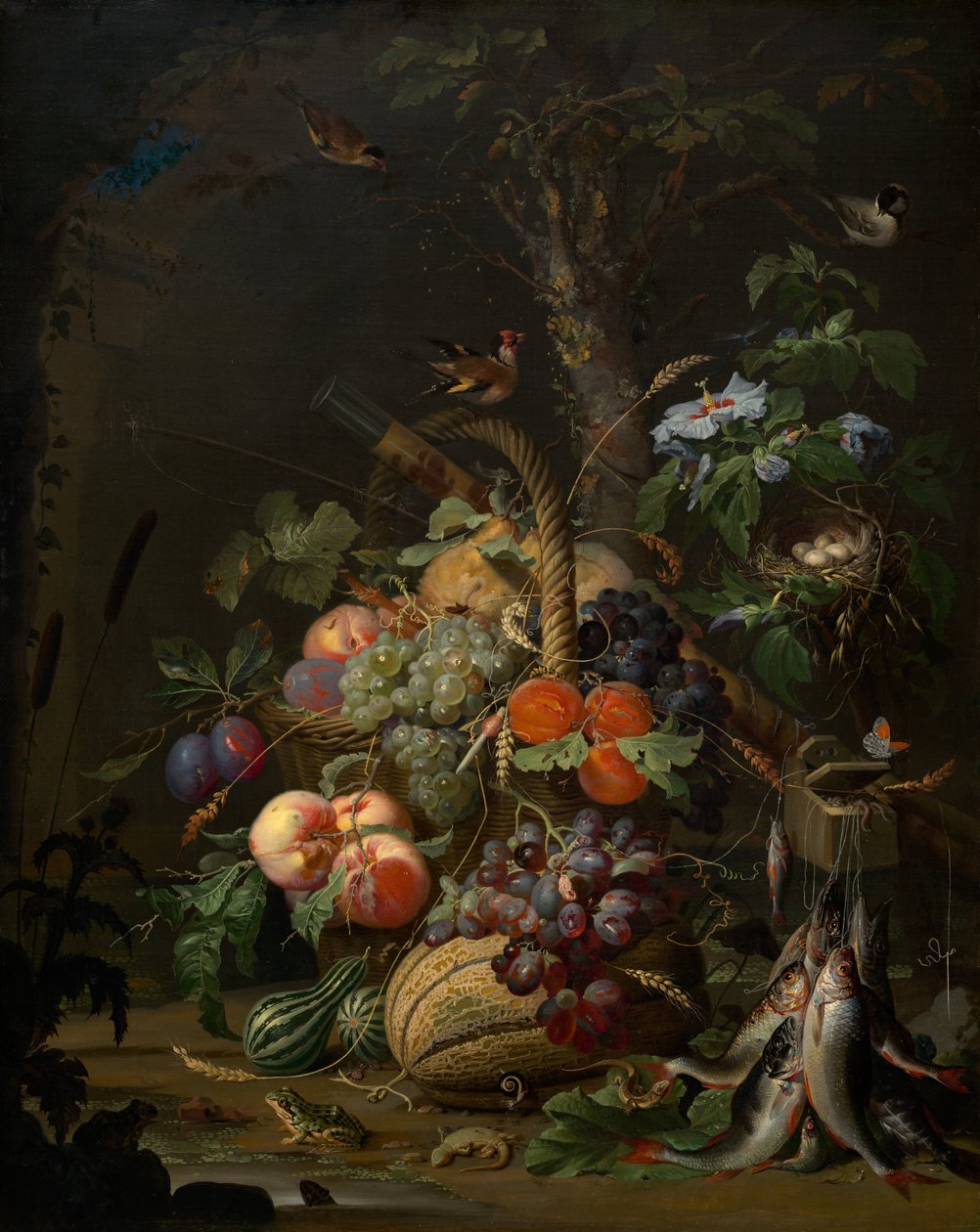 Zátiší s ovocem, rybami a hnízdem, c. 1675. od Abraham Mignon