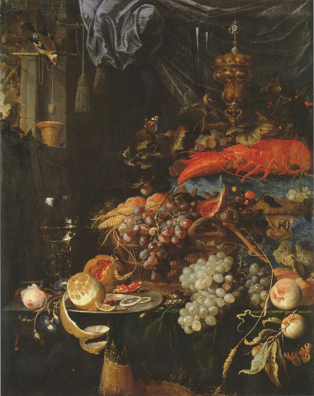 Zátiší s ovocem, humrem a zlatohlávkem od Abraham Mignon
