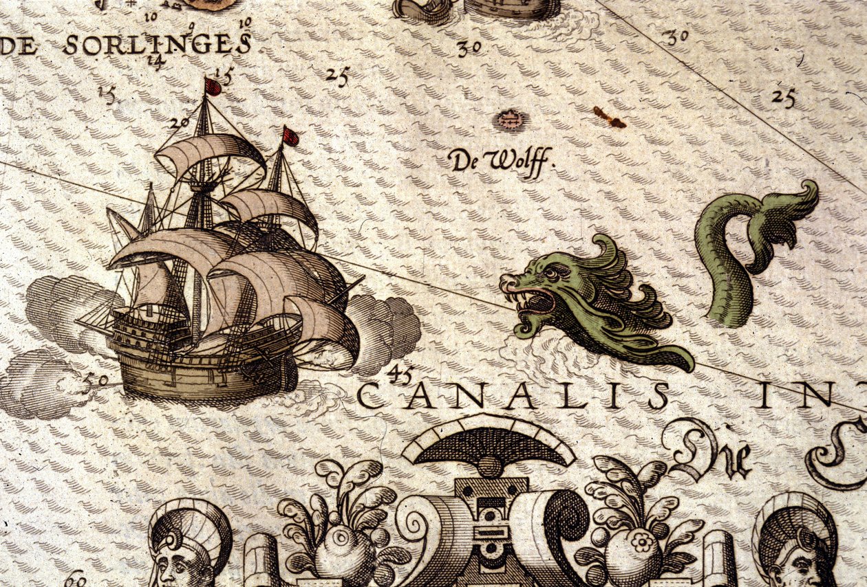 Mořské monstrum útočící na galeonu (karavelu). Detail mapy v "Theatrum Orbis Terrarum" od Abrahama Ortelia, Antverpy 1584 od Abraham Ortelius
