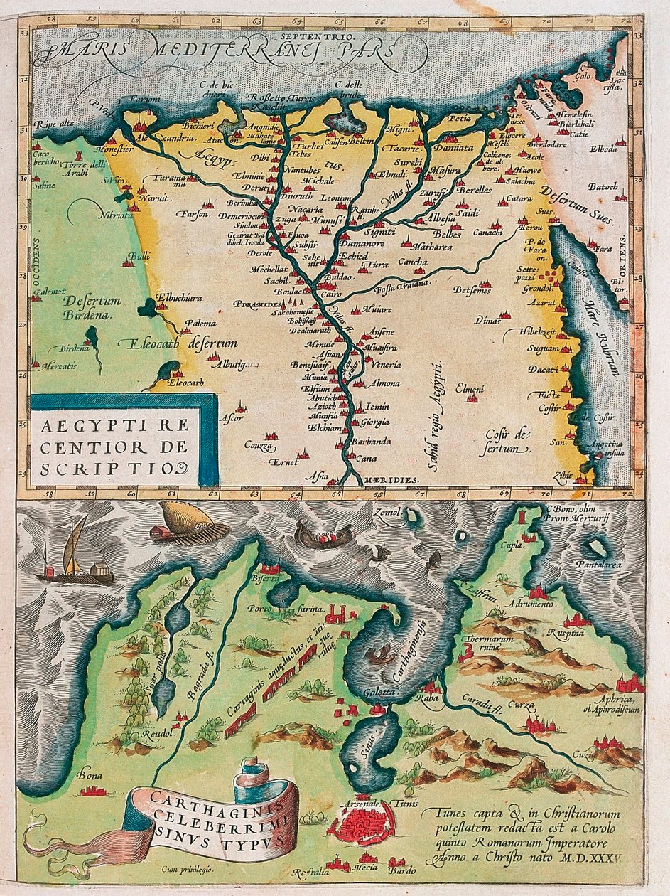 Novější popis Egypta. - Typ Kartágského zálivu Geografická mapa Egypta s městy Nilu a Kartága (Tunisko) z „Theatrum Orbis Terrarum“ od Abrahama Orteliuse (Oertel, Ortell nebo Ortel od Abraham Ortelius