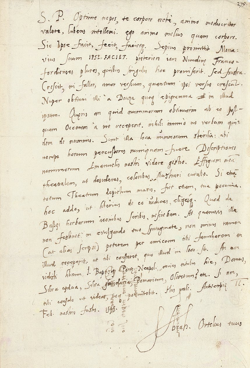 Autogram podepsaný jeho synovci Jacobu Coolovi (Jacobus Colius), Antverpy, 2. února 1595 (pero a inkoust na papíře) od Abraham Ortelius