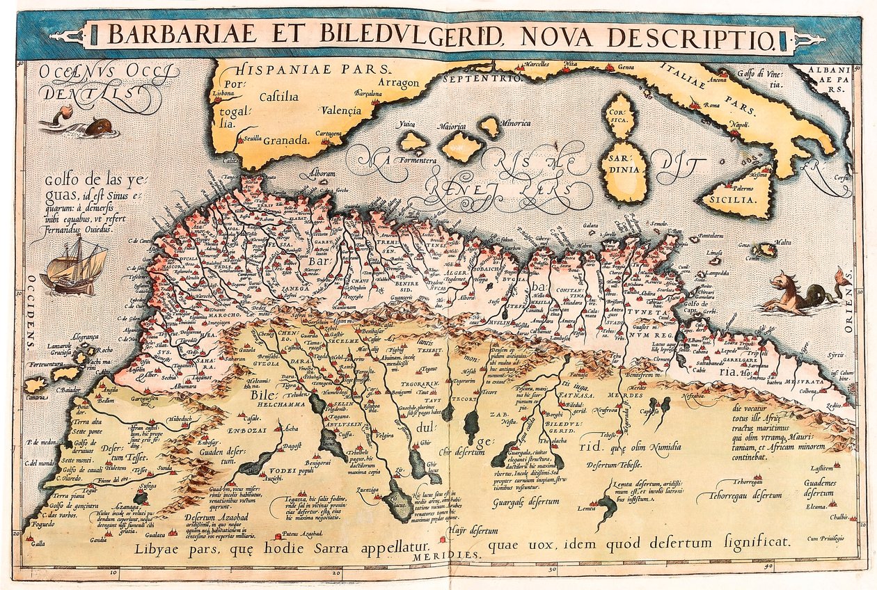 Barbaria a Biledulgerid Geografická mapa severní Afriky z „Theatrum Orbis Terrarum“ od Abrahama Orteliuse (Oertel, Ortell nebo Ortel od Abraham Ortelius