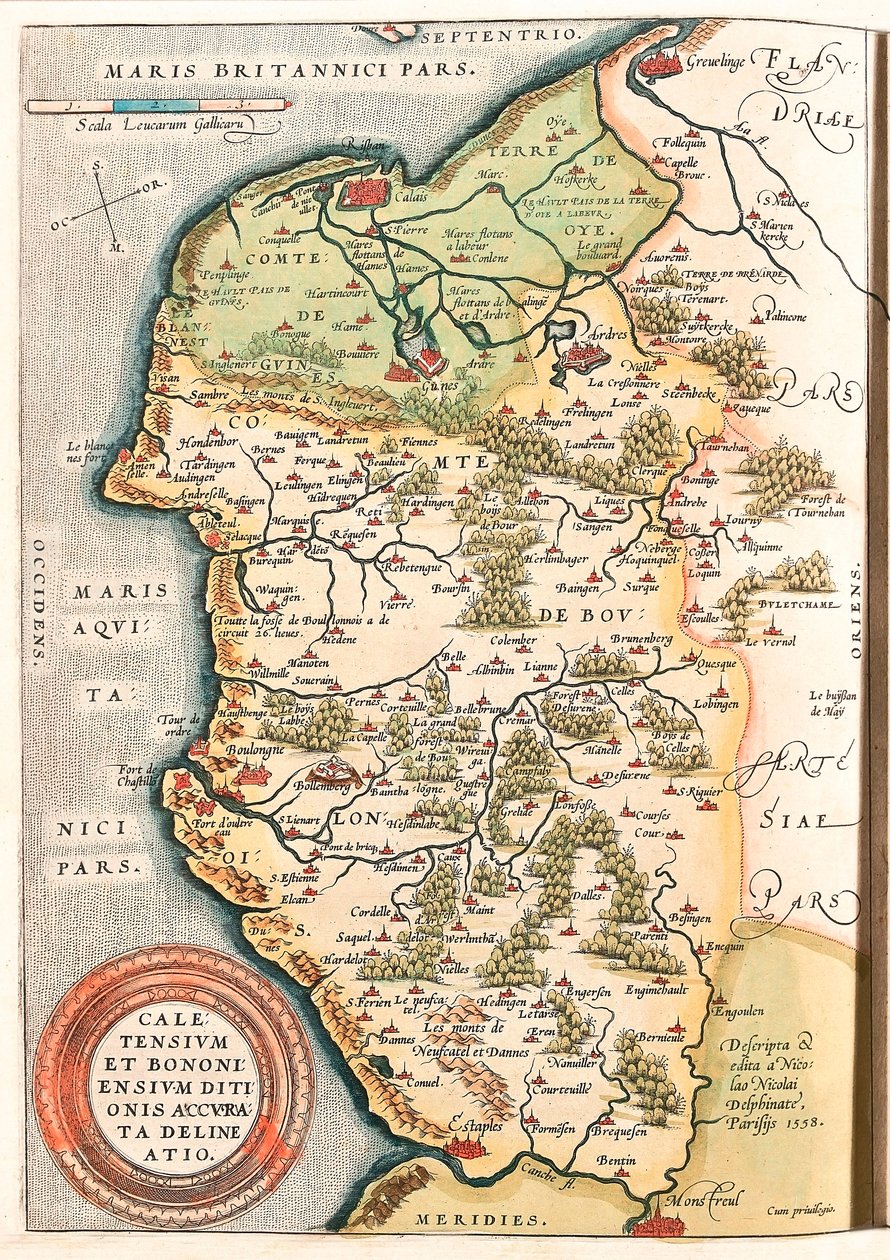Caletensium et Bononiensium Ditionis Accurata Delineatio Zeměpisná mapa území Boulonnais (Comte de Boulogne), Artois a Francouzské Flandry (Francie) včetně míst Calais, Arches, Greuelinge, Etaples a Montreuil... převzato z „Theatrum Or od Abraham Ortelius