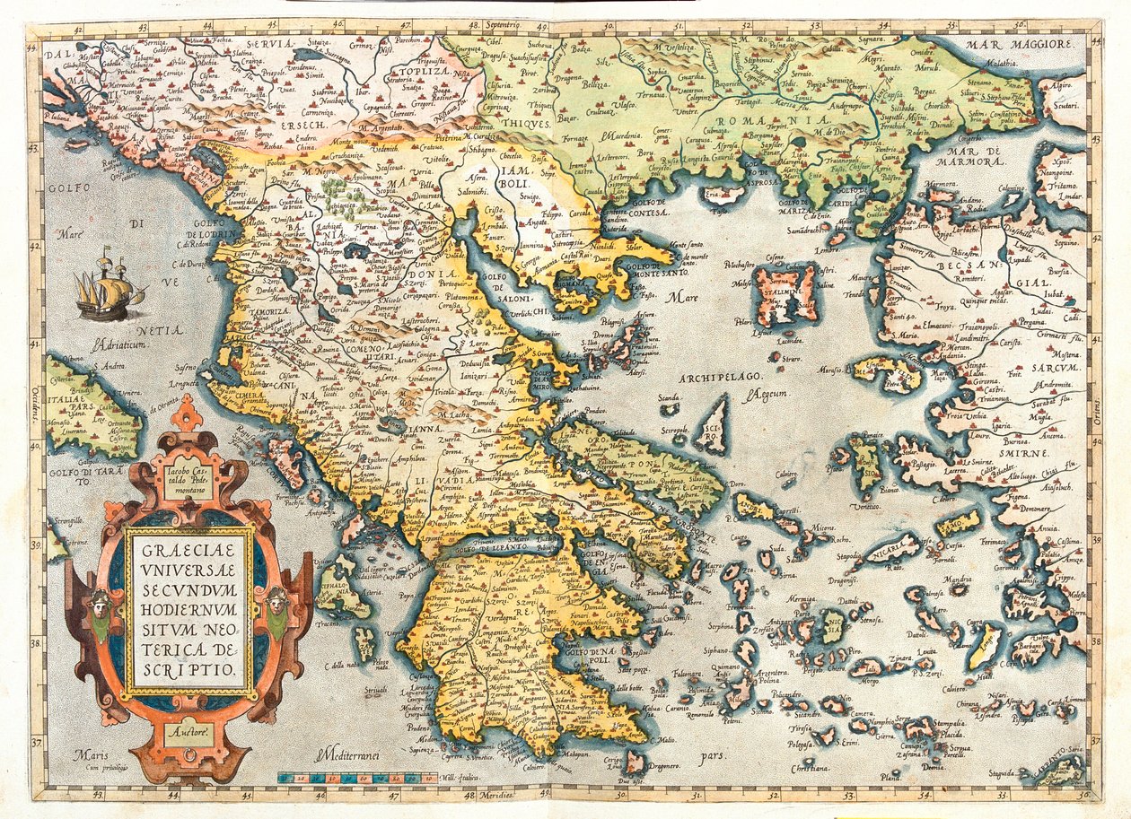 Chorvatsko (Dubrovnicko-neretvanská župa), jižní Bosna a Hercegovina, jižní Srbsko, jižní Bulharsko, Černá Hora, Albánie, Makedonie, Řecko, západní Turecko. od Abraham Ortelius