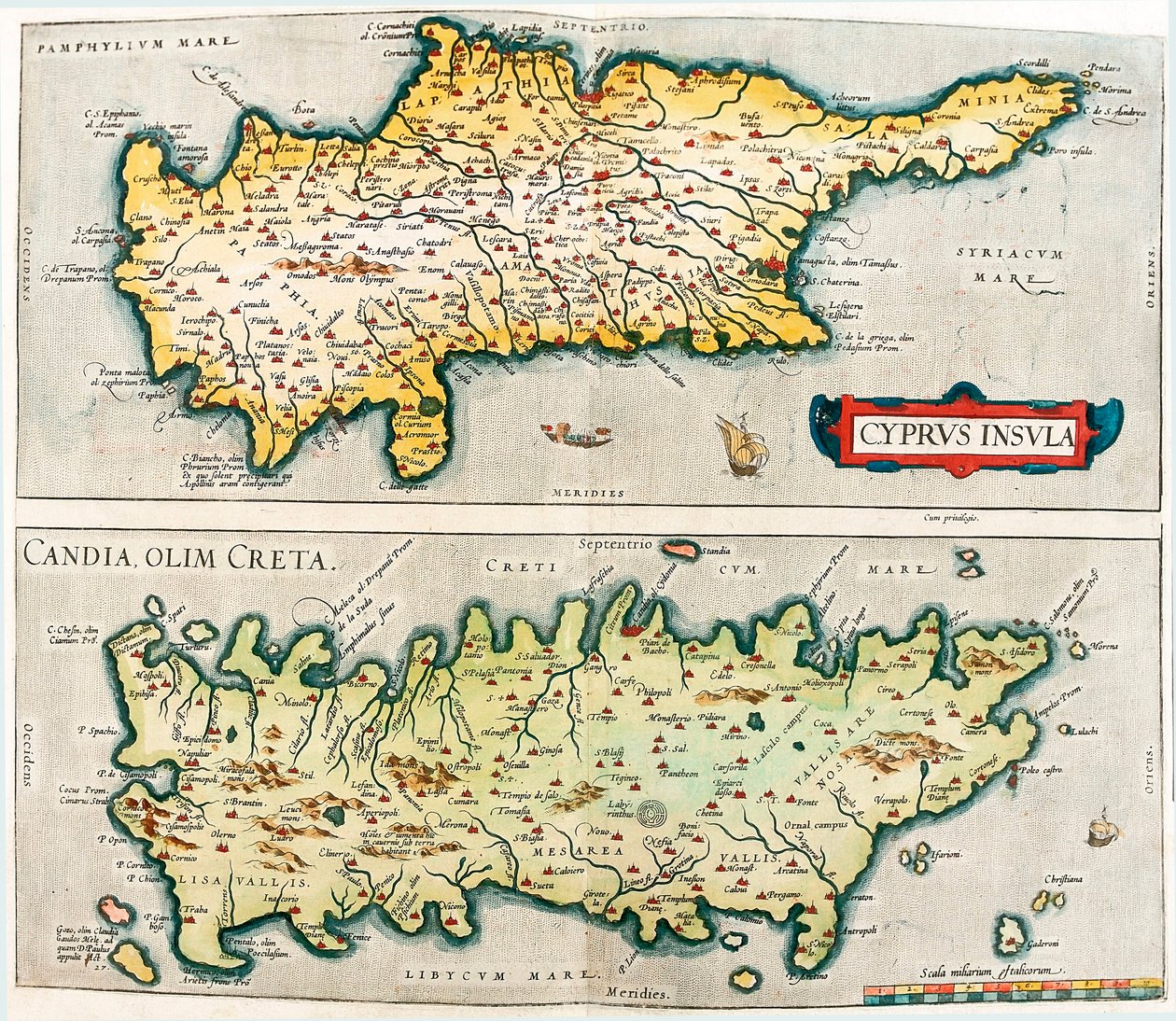 Kypr Island - Candia, dříve Kréta Zeměpisná mapa středomořských ostrovů Kypr a Kréta v Řecku z "Theatrum Orbis Terrarum" od Abrahama Orteliuse (Oertel, Ortell nebo Ortel od Abraham Ortelius