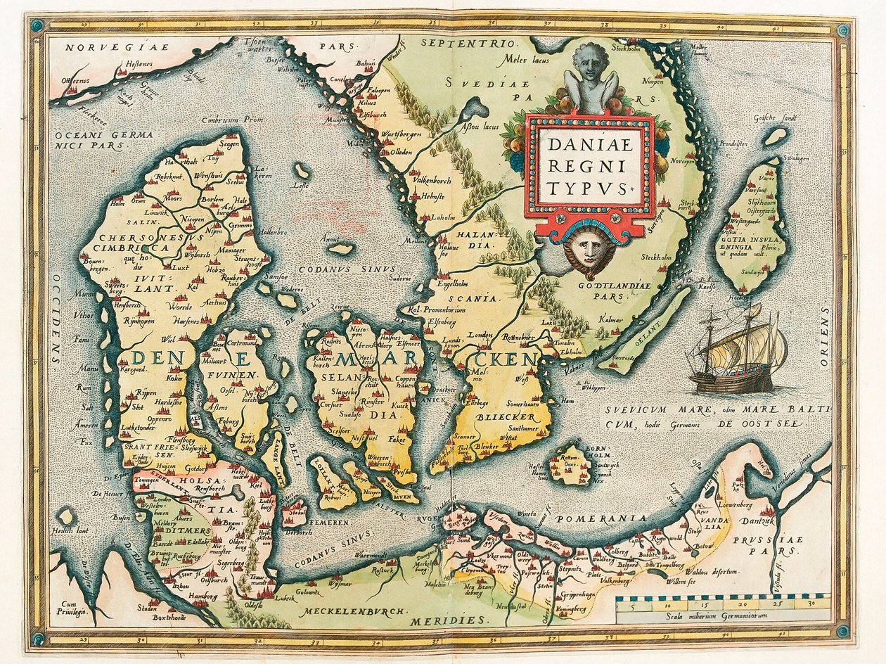 Dánské království Typ Zeměpisná mapa území Dánska a jižního Švédska z „Theatrum Orbis Terrarum“ od Abrahama Orteliuse (Oertel, Ortell nebo Ortel od Abraham Ortelius