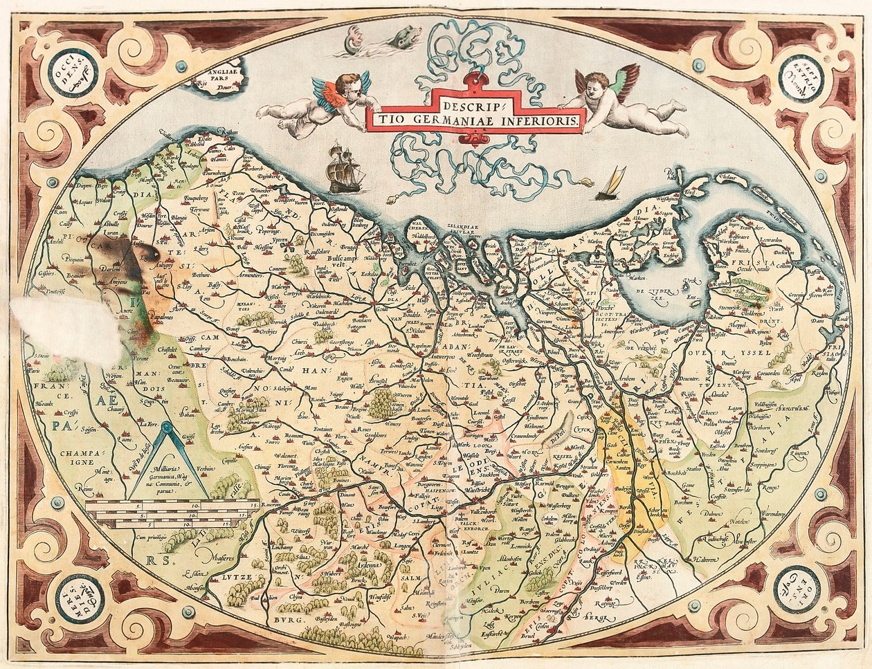 Popis Dolního Německa Zeměpisná mapa území Nizozemska Germánská z „Theatrum Orbis Terrarum“ od Abrahama Orteliuse (Oertel, Ortell nebo Ortel od Abraham Ortelius