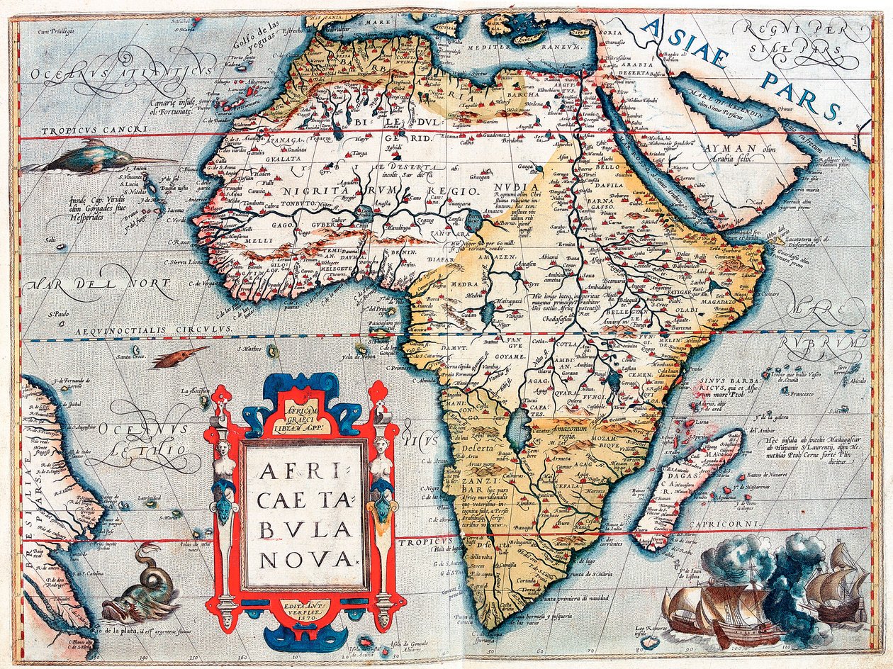 Popis afrického kontinentu. Geografická mapa z "Theatrum Orbis Terrarum" od Abrahama Ortelia (1527-1598) od Abraham Ortelius