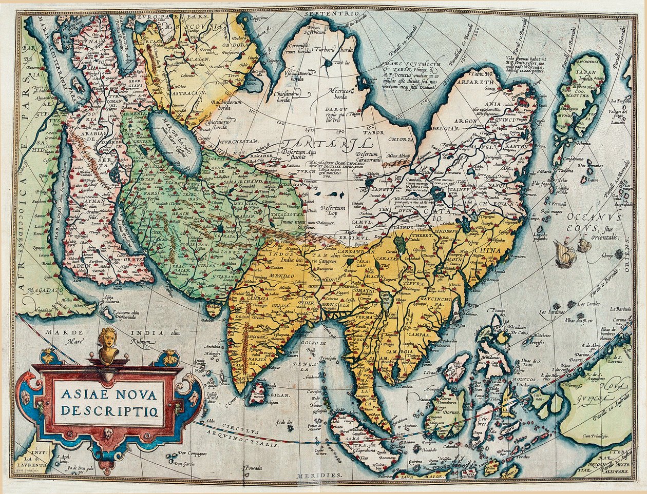 Popis asijského kontinentu, zeměpisná mapa z "Theatre of the World" od Abraham Ortelius