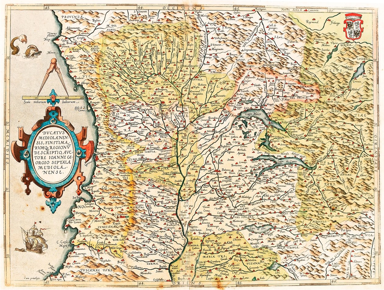Ducatus Mediolanensis, Hranice a oblasti světa Zeměpisná mapa vévody z Milána z „Theatrum Orbis Terrarum“ od Abrahama Orteliuse (Oertel, Ortell nebo Ortel od Abraham Ortelius
