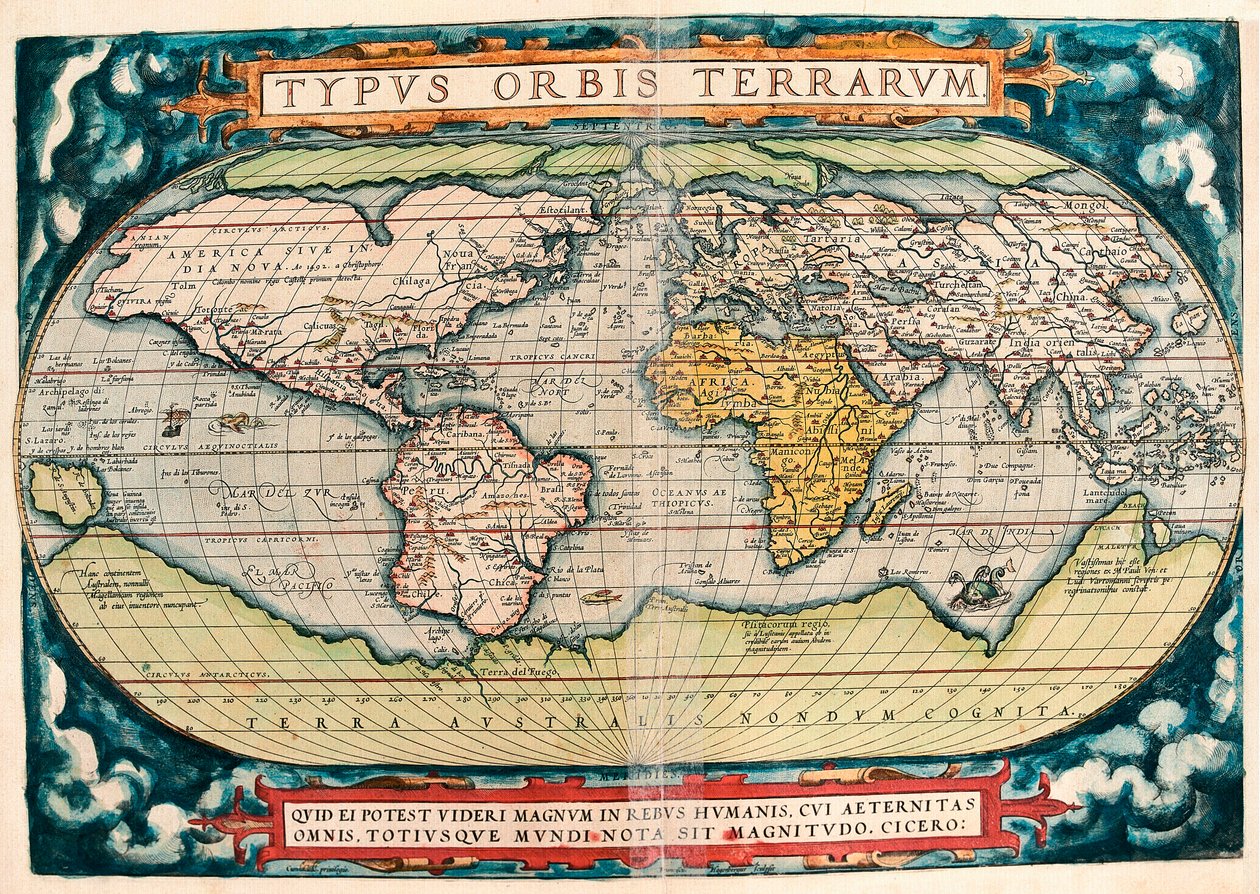 Earth Map (World Map) Geografická mapa z "Theatrum Orbis Terrarum" od Abrahama Orteliuse (1527-1598) od Abraham Ortelius