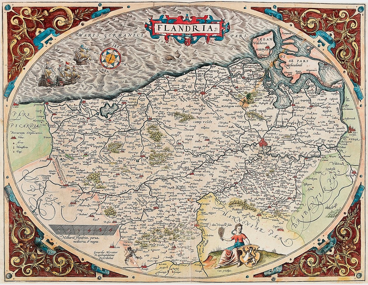 Flandry Geografická mapa území Flander z „Theatrum Orbis Terrarum“ od Abrahama Orteliuse (Oertel, Ortell nebo Ortel od Abraham Ortelius