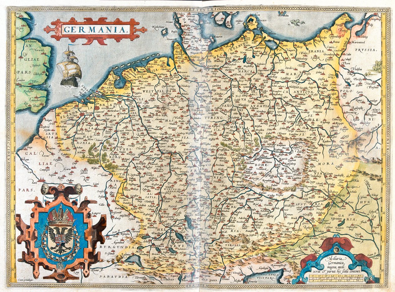 Francie (Region: (Francie): Horní Normandie, Pikardie, Severní Pas de Calais, Ile-de-France, Champagne-Ardenne, Lotrinsko, Alsasko, Burgundsko, Franche-Comté, Rhône-Alpes), Belgie, Nizozemsko, Lucembursko, Německo, Polsko (vojvodství: Západopomořanské, Pom od Abraham Ortelius