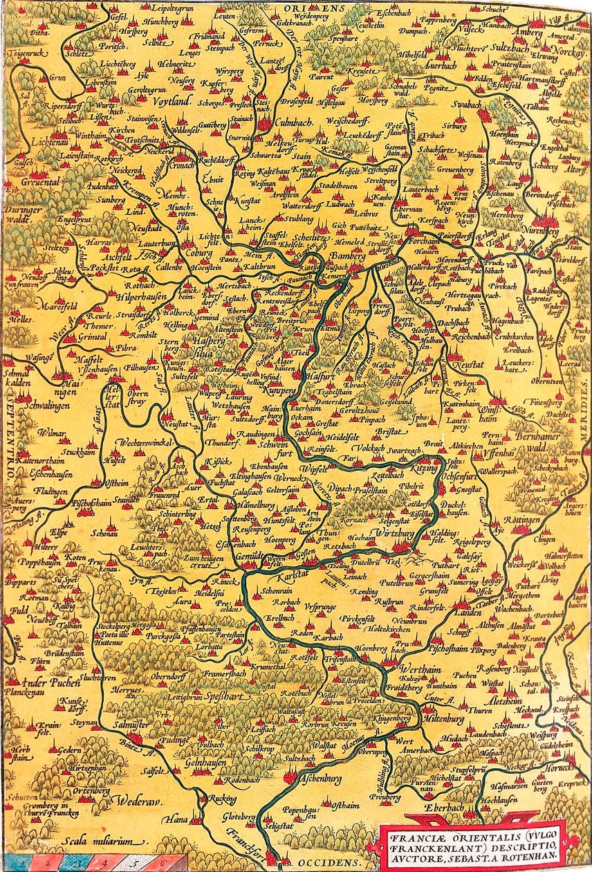 Východní Francie (Common/Franckenlant) Popis, Autor, Sebast. A. Rotenhan Zeměpisná mapa území Franka v Německu s městem Frankfurt (také město Karlstadt..) převzatá z "Theatrum Orbis Terrarum" od Abrahama Ortelia (Oer od Abraham Ortelius