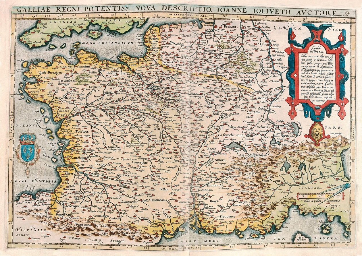mocné království Galie. nový popis. Zeměpisná mapa území Galie (Francie) z „Theatrum Orbis Terrarum“ od Abrahama Orteliuse (Oertel, Ortell nebo Ortel od Abraham Ortelius