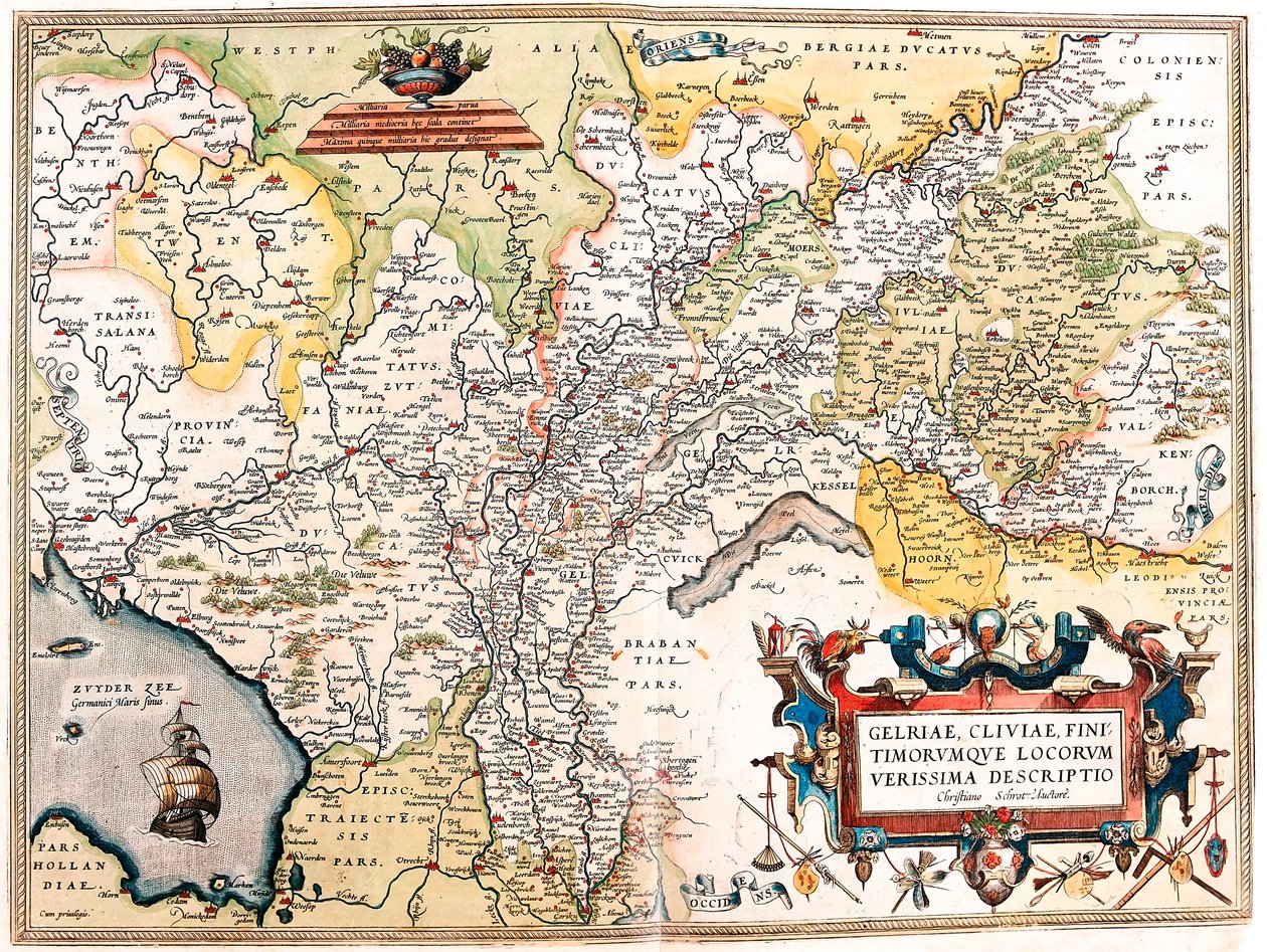 Gelriae, Cliviae, Finitimorum Qe Locos Verissima Descriptio Christiana Schrot Autorem Zeměpisná mapa území německého Nizozemska z „Theatrum Orbis Terrarum“ od Abrahama Orteliuse (Oertel, Ortell nebo Ortel od Abraham Ortelius
