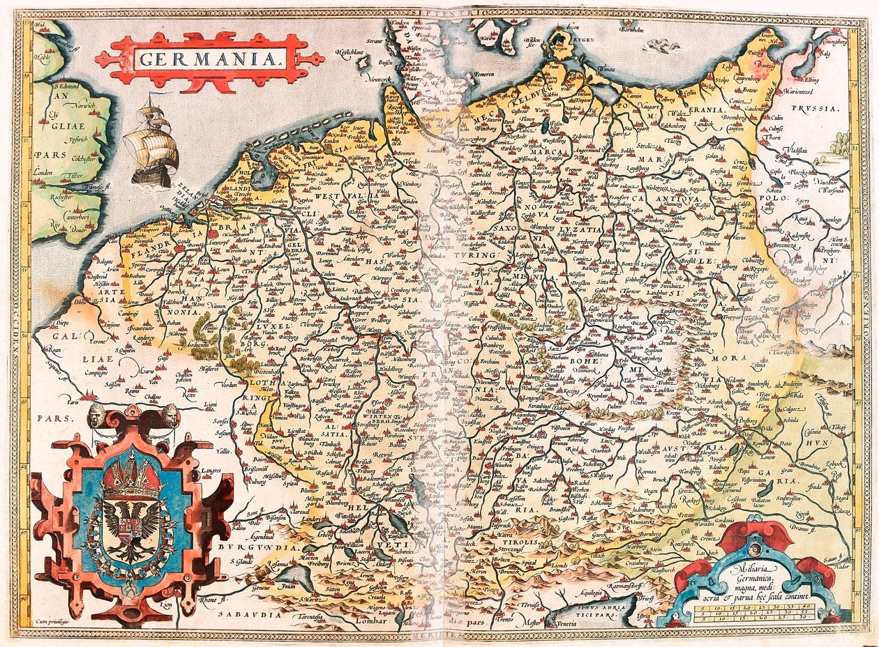 Německo Zeměpisná mapa území Německa (Svatá germánská říše) z „Theatrum Orbis Terrarum“ od Abrahama Orteliuse (Oertel, Ortell nebo Ortel od Abraham Ortelius