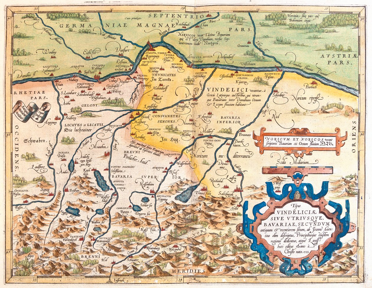 Německo (spolková země: Bavorsko), Rakousko (spolkové země: Tyrolsko, Horní Rakousy, Salcbursko) od Abraham Ortelius