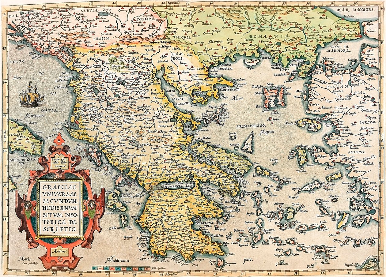 Zeměpisná mapa území Řecka s Peloponésem a ostrovy převzatá z „Theatrum Orbis Terrarum“ od Abrahama Ortelia (Oertel, Ortell nebo Ortel od Abraham Ortelius
