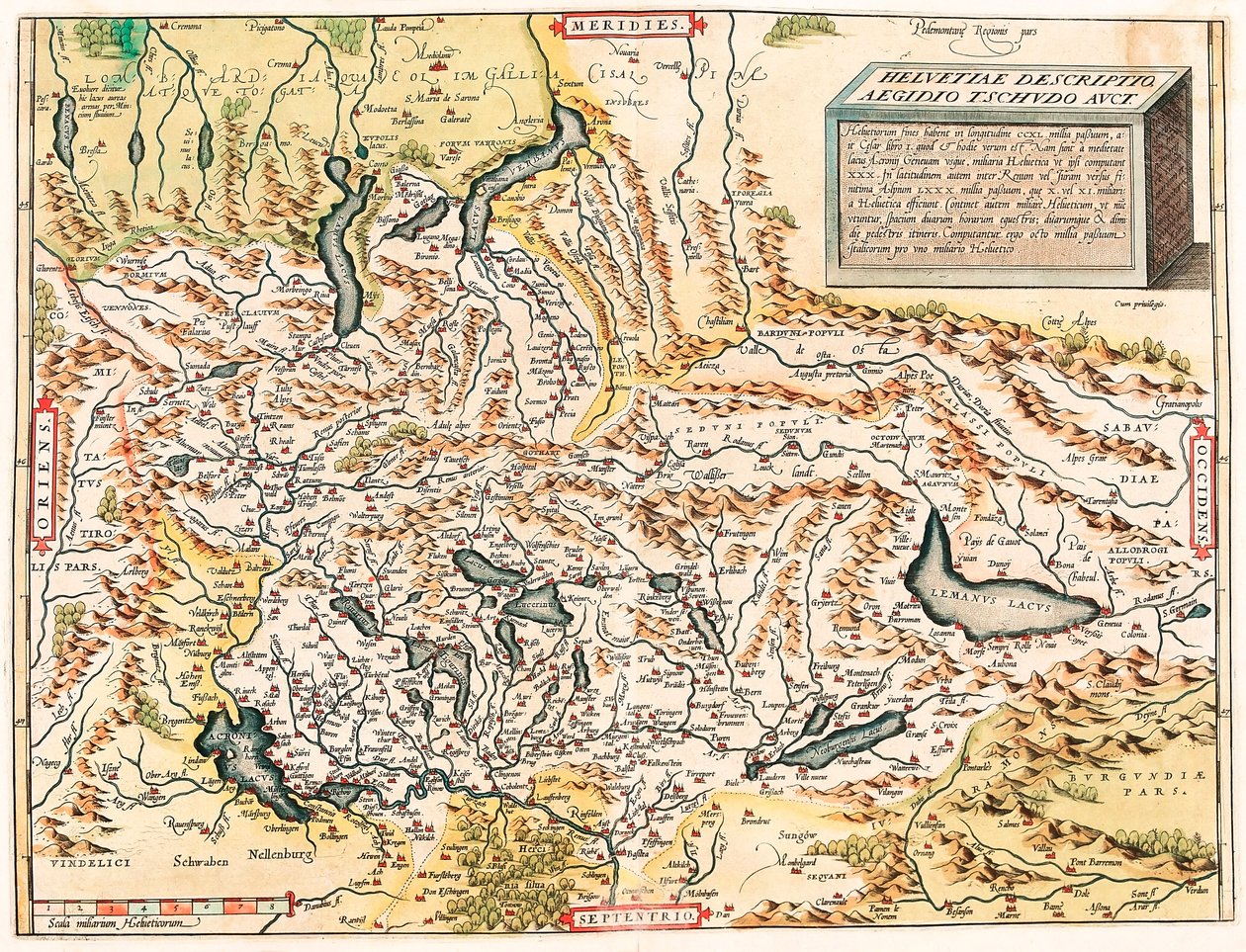 Helvetiae Popis Aegidius Tschudo Auct. Zeměpisná mapa švýcarských a francouzských Alp včetně jezer z „Theatrum Orbis Terrarum“ od Abrahama Orteliuse (Oertel, Ortell nebo Ortel od Abraham Ortelius