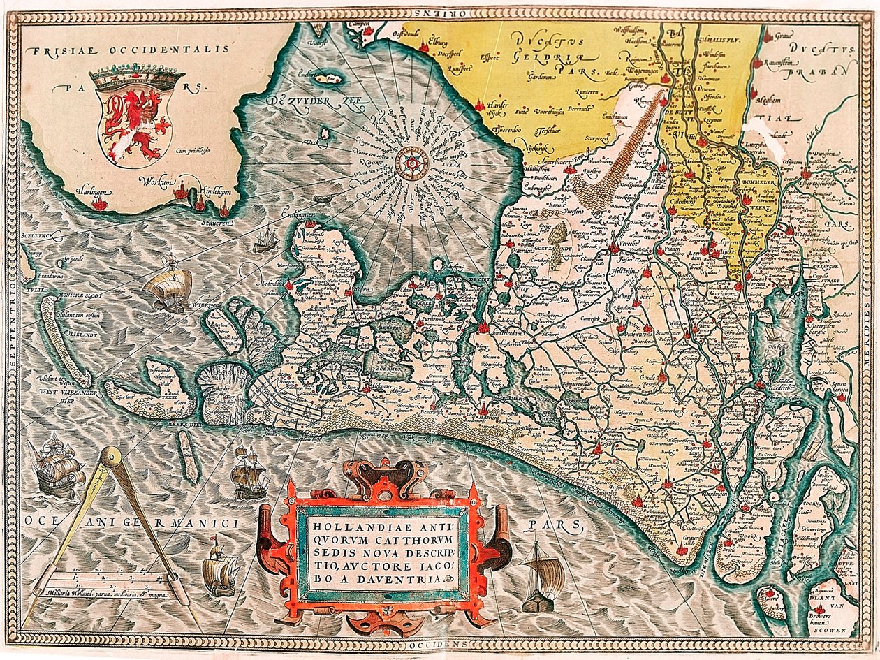 Hollandia antiquorum catthorum sedis nova descriptio, auctore Jacobo a daventria Zeměpisná mapa území Nizozemska s městy Amsterdam a Haarlem... převzato z „Theatrum Orbis Terrarum“ od Abrahama Orteliuse (Oertel, Ortell nebo Orte od Abraham Ortelius