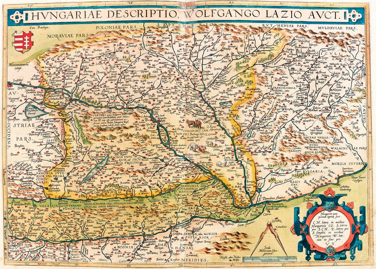 Maďarský popis, Wolfgango Lazio Auct. Zeměpisná mapa území Maďarska z „Theatrum Orbis Terrarum“ od Abrahama Orteliuse (Oertel, Ortell nebo Ortel od Abraham Ortelius